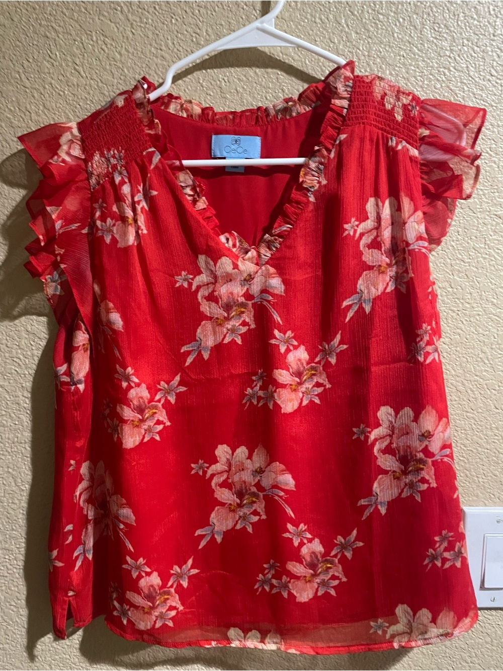 Cece Red Floral Ruffle Blouse Top